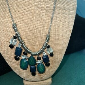 New York & Company Teal, Navy and Black Bib Necklace with Silver Accents